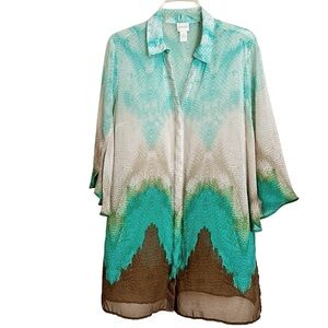 Chicos Womens Ombre Sheer Tunic L 12 Green Brown Watercolor Coastal Grandma